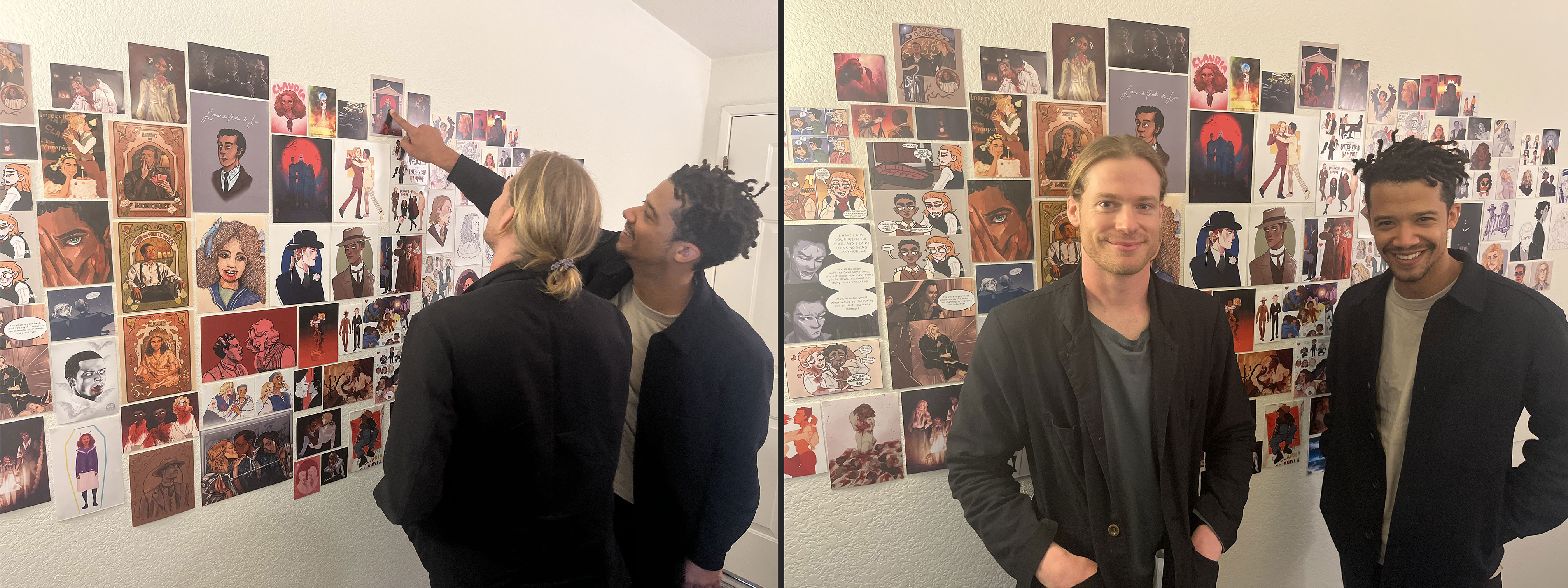 Jacob Anderson and Sam Reid in front of the fanart wall